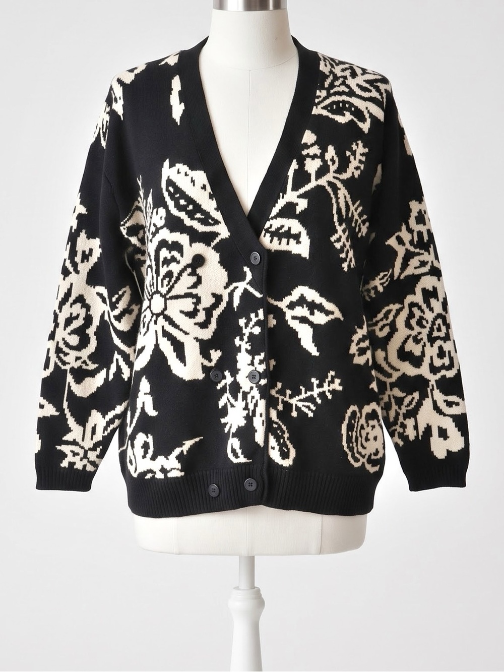 Vintage Chaus Black White Floral Intarsia Knit Double Breasted Cardigan Medium